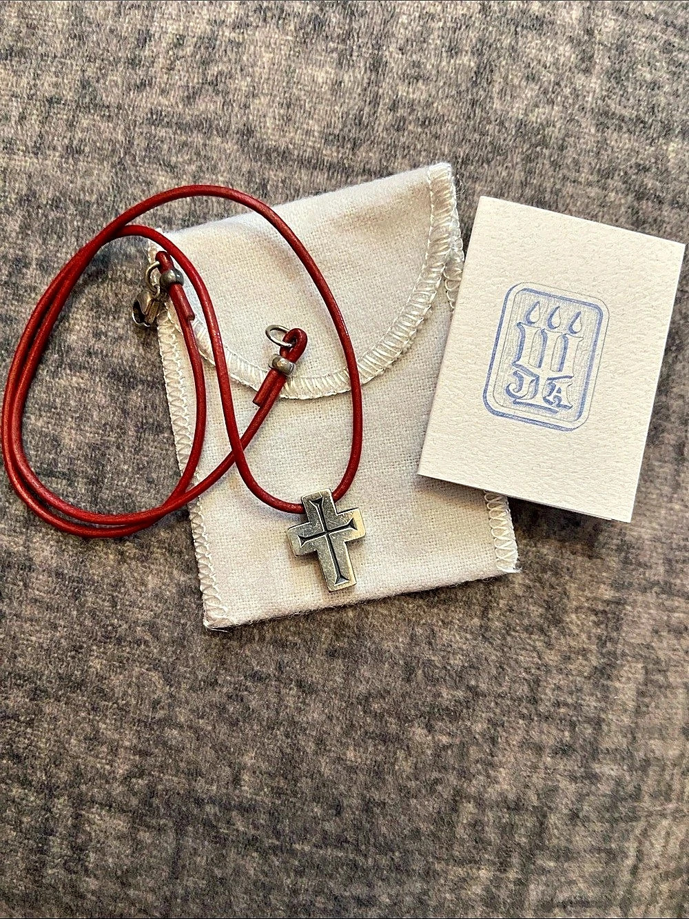 James Avery Cuneiform Thick Cross 925 RETIRED with Leather Necklace Red & Silver